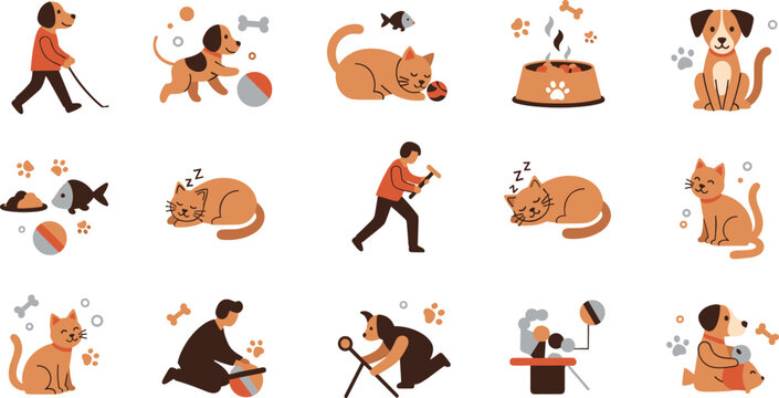 Pet care activities collection with dog and cat feeding grooming training playing vector illustration set isolated on white background