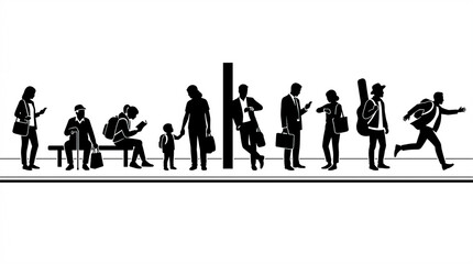 Obraz premium Transit Platform Waiting Silhouettes Vector Commuter Crowd Transportation Icons