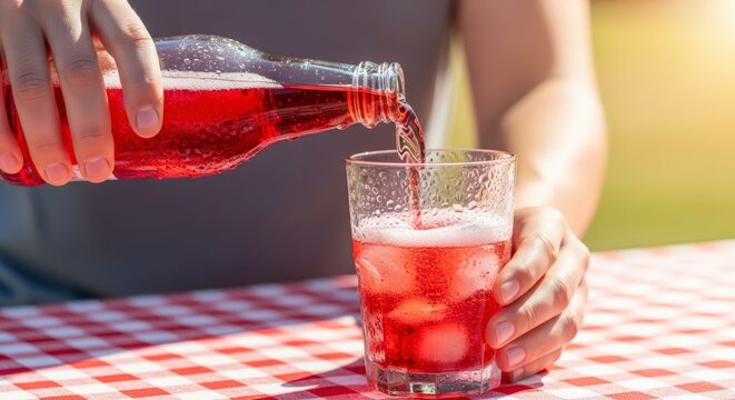 Refreshing drink on a picnic table.