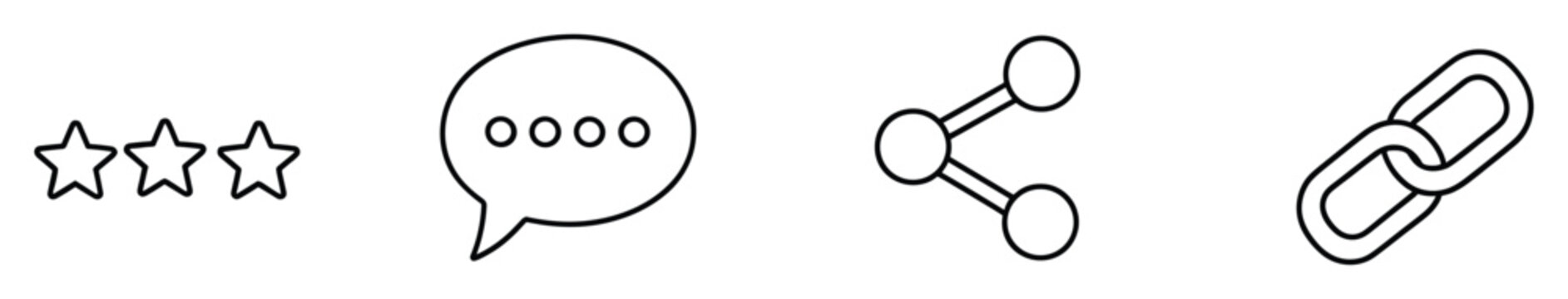 Modern linear icon set featuring rating stars, message bubble, social sharing symbol, and hyperlink chain for digital interfaces, web applications, and user experience designs