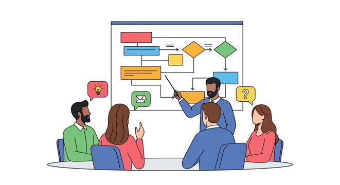 Business meeting: team planning strategy with flowchart presentation on whiteboard