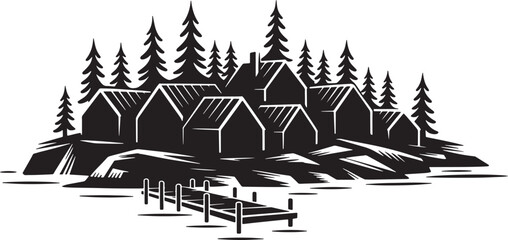 Obraz premium Lake village island silhouette with wooden houses and pine trees. Black and white vector illustration