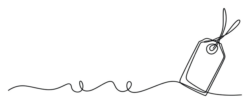 One continuous minimalist curvy line forming a blank hanging price tag with a string, ideal for ecommerce graphics, sales promotions, and shopping event announcements.