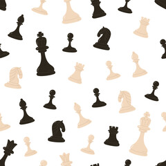Pattern with black and white chess pieces. Vector seamless texture with chessmen - King, queen, rook, bishop, knight and pawns in flat style on white background.   © Katerina Koniukhova