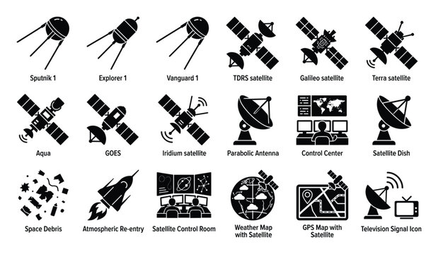 Comprehensive collection of satellite technology icons featuring historical and modern spacecraft ground control systems and space applications ideal for aerospace communication and