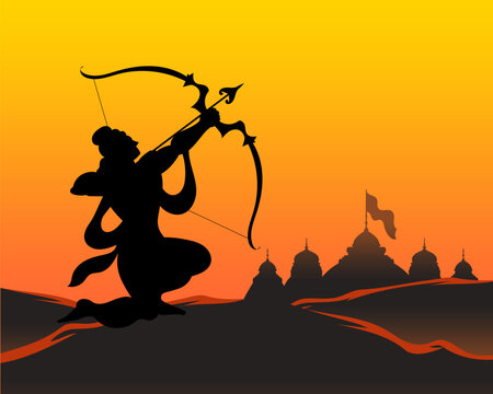 Lord Rama silhouette aiming bow before temple skyline at sunset, dramatic Ram Navami and Hindu mythology background in bold devotional vector style