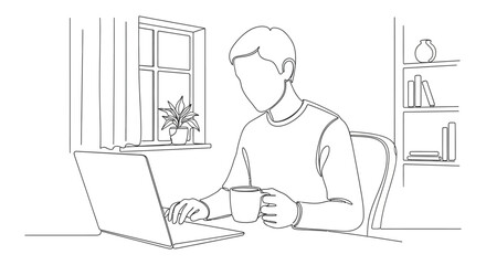 Obraz premium Man working on laptop at home, holding a mug, minimalist line art