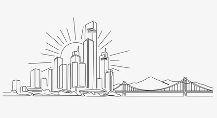 Obraz premium Cityscape Sunrise with Bridge and Mountains - Minimalist Line Art