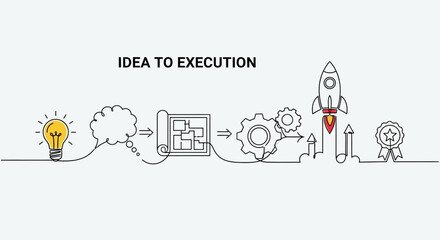 Obraz premium Idea to Execution: Lightbulb, Blueprint, Gears, Rocket Launch, Success Award