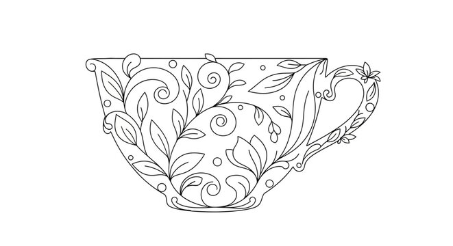 Elegant Teacup Outline with Floral Swirls and Leaves - Coloring Page