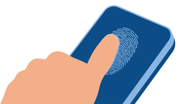 Biometric Fingerprint Scan on Smartphone Screen. Hand Touching Mobile Device for Secure Digital Identity and Authentication Technology.