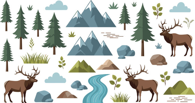 Forest landscape collection with mountains trees river rocks and deer wildlife nature elements vector illustration set isolated on white background