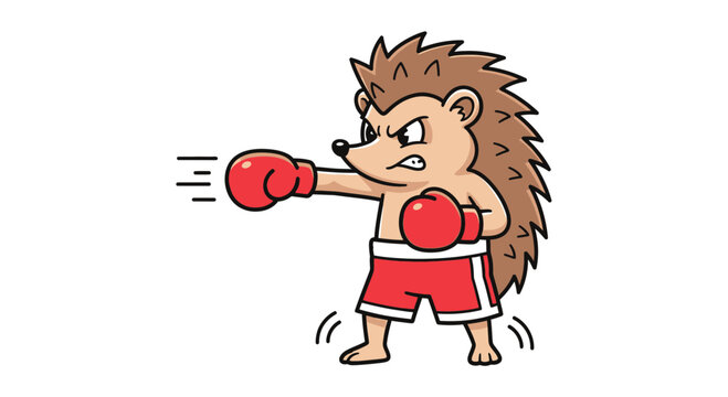 A determined cartoon hedgehog delivering a swift punch in red boxing gloves and shorts ready for