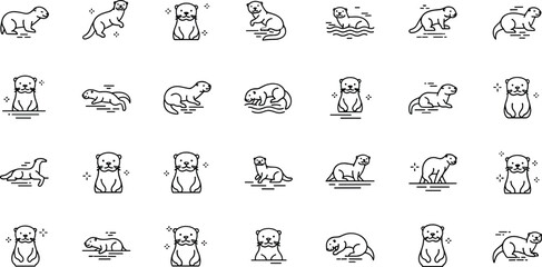 Fototapeta premium Otter line icon collection minimalist wildlife outline set with cute aquatic animal poses simple vector illustration isolated on white background