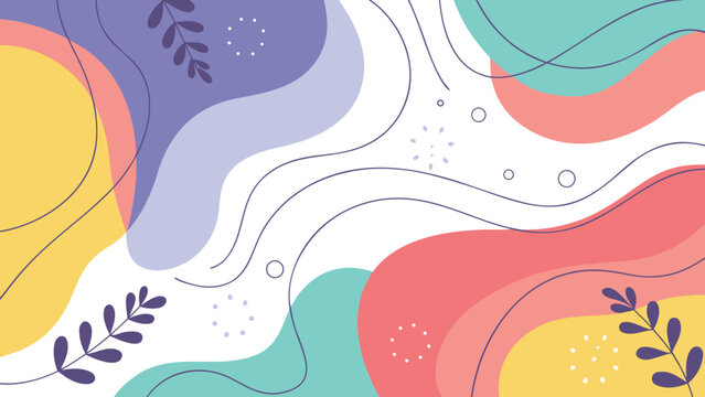 Abstract colorful background with flowing shapes and botanical elements