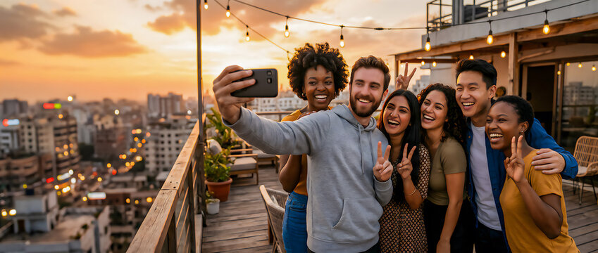 Diverse group of happy young friends taking a selfie on a city rooftop terrace at sunset.