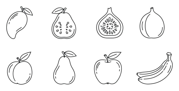 A versatile collection of simple black outline illustrations showcasing various fresh fruits including mango, guava, fig, peach, pear, apple, and bananas, perfect for healthy eating