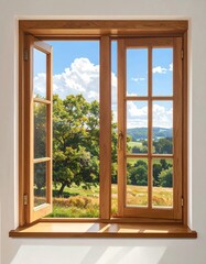Obraz premium A serene landscape view through an open wooden window
