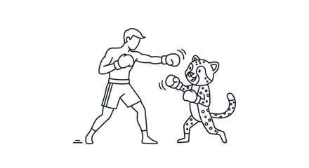 Fototapeta premium Dynamic black and white outline of a man boxing a cheerful cheetah, both wearing gloves in a