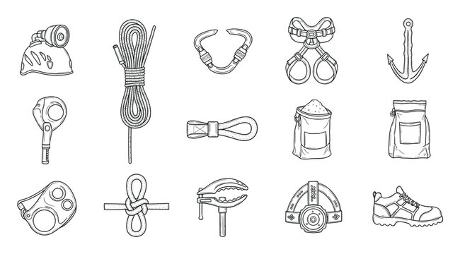 Collection of essential climbing and caving gear including helmet, rope, carabiner, harness, and various tools for outdoor adventure and safety applications