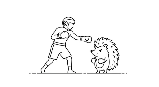 Line art illustration of a human boxer sparring with a hedgehog wearing boxing gloves in a playful