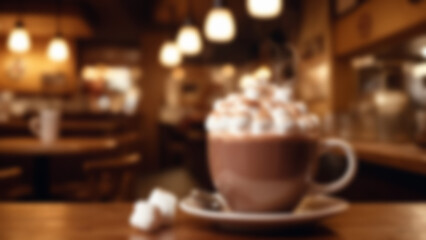 Fototapeta premium Blurred background of cup of hot chocolate topped with melting marshmallows, visible steam curls and creamy foam texture, cozy cafe interior with wooden tones and blurred lights, evening, warm.