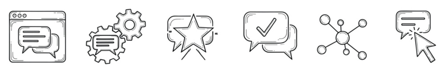Obraz premium Hand drawn doodle style line icons representing online communication, settings, user feedback, confirmed messages, networking connections, and interactive discussions for web applications