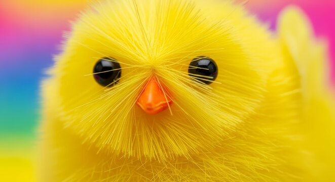 Cute yellow chick with rainbow background.