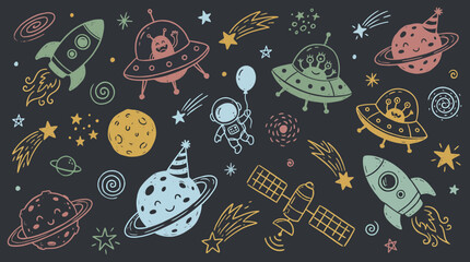 Naklejka premium Hand drawn space doodle collection with rockets ufo planets and astronaut worker on dark background, concept for children book illustration, nursery wallpaper and creative educational poster