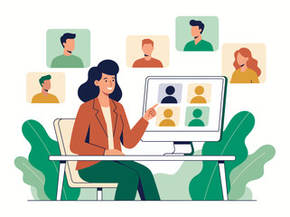 Fototapeta premium Professional female project manager sitting at desk pointing at computer screen with remote team members in grid view, concept for virtual conference, remote team management and digital collaboration