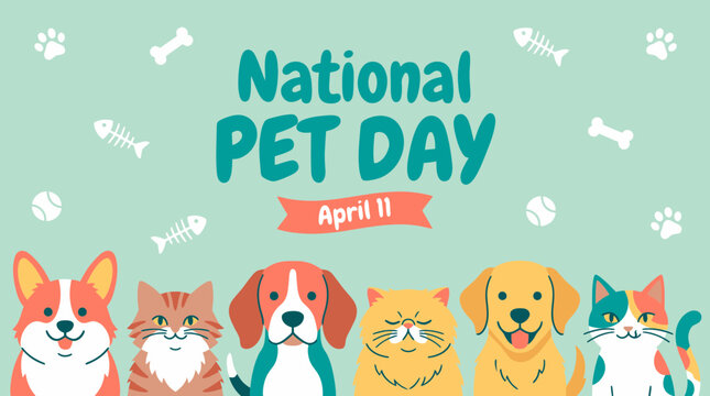 National Pet Day banner featuring cute flat vector illustrations of cats and dogs on teal background, concept for social media marketing, animal welfare campaign and greeting card design