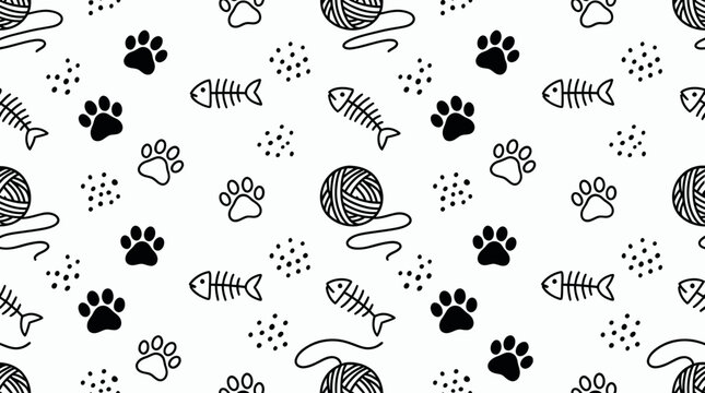 Seamless pattern featuring hand drawn cat paw prints with fish bones and yarn balls on white background, concept for pet shop branding, textile fabric design and animal theme wrapping paper
