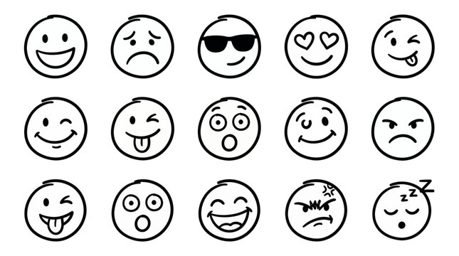 Set of fifteen hand drawn doodle emoji icons with various facial expressions isolated on white background, concept for corporate employee feedback, office communication and business marketing