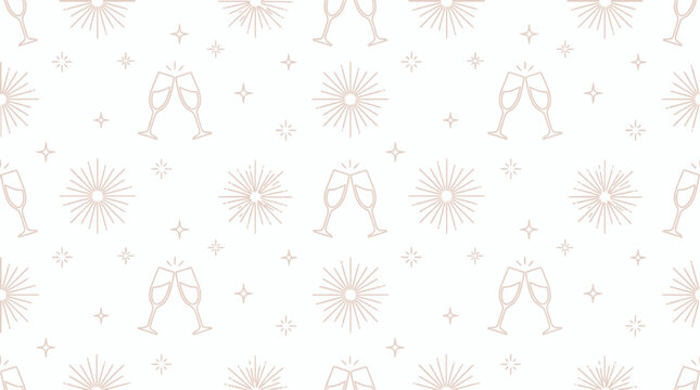 Seamless pattern of minimalist line art champagne glasses and festive starburst icons on white background, concept for luxury wedding invitation, celebratory event backdrop and holiday greeting cards