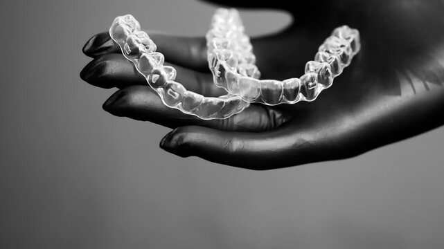 Clear dental aligner in gloved hand gray background orthodontic treatment