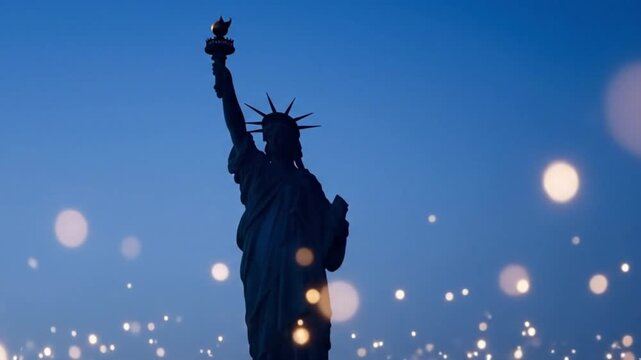 The Statue of Liberty stands tall against a deep blue sky, illuminated by soft, glowing lights that create a magical atmosphere.