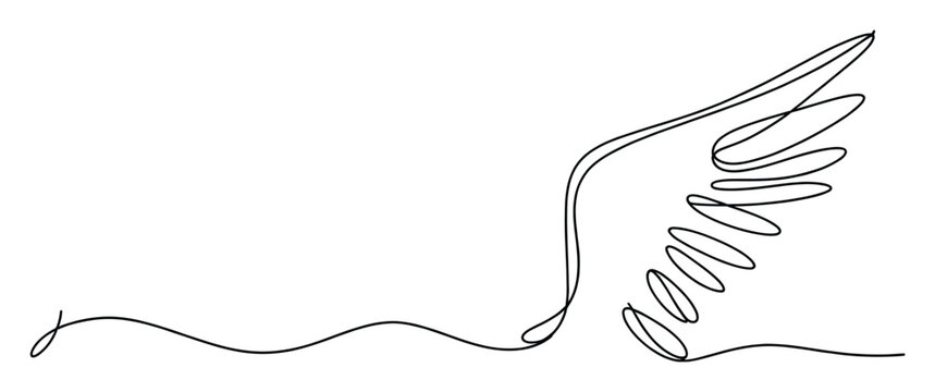 Minimalist continuous line drawing depicting an elegant single wing with flowing curves, perfect for inspiring freedom, spirituality, or brand identity graphics