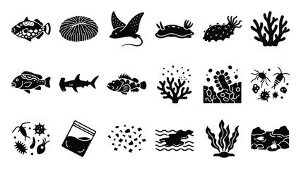Obraz premium A comprehensive collection of diverse marine life and underwater environmental icons, including fish, coral, invertebrates, and ocean pollution elements, perfect for educational resources