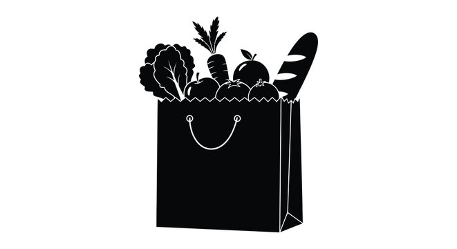 A black paper bag filled with fresh produce like apples cabbage and a loaf of bread silhouette