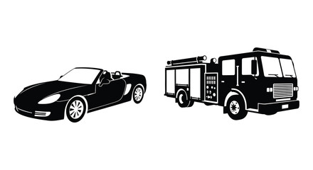 A striking black and white illustration depicts a sports car alongside a fire engine both in silhouette © jivect02