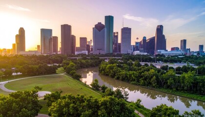Fototapeta premium Golden hour illuminates urban expanse