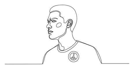 Obraz premium Dynamic continuous line portrait of a serious young man with a distinct haircut and a peace symbol on his clothing, ideal for minimalist branding, social justice campaigns, or introspective