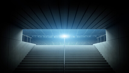 Entrance to modern soccer arena with crowded stands and tunnel stairs. An imaginary soccer stadium is modelled and rendered. © efks