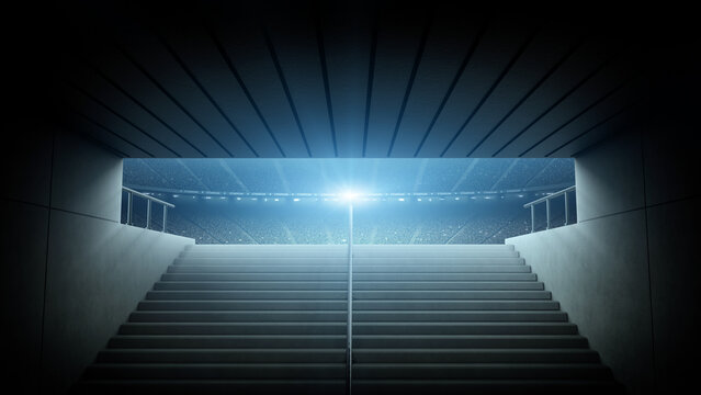 Entrance to modern soccer arena with crowded stands and tunnel stairs. An imaginary soccer stadium is modelled and rendered.