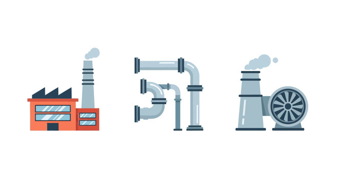 Industrial factory elements with chimney and piping