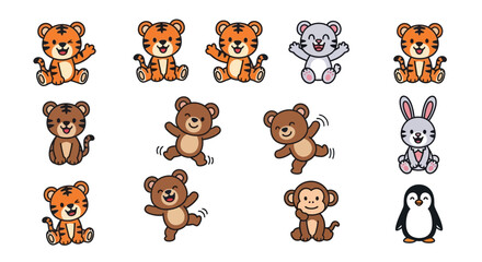 Fototapeta premium Cute cartoon animals bears tigers monkey rabbit penguin fun stickers