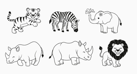Fototapeta premium Wildlife animals tiger zebra elephant rhino lion black and white line art illustrations safari creatures
