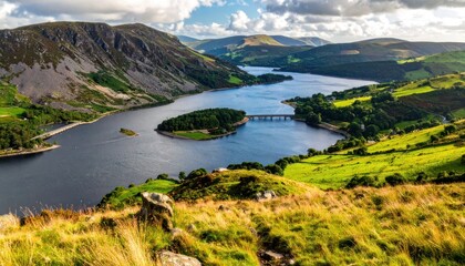 Fototapeta premium Serene expanse of undulating hills and tranquil waters