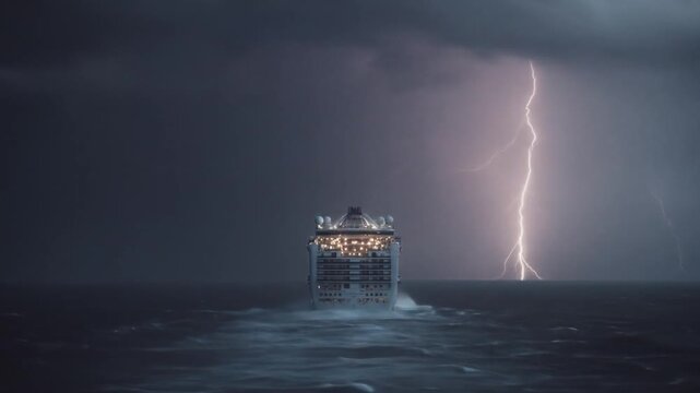 Dramatic scene of a large passenger ship navigating a violent ocean storm with a powerful lightning strike illuminating the dark sky.