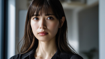Fototapeta premium Serious portrait of a young Japanese woman in a black shirt indoors